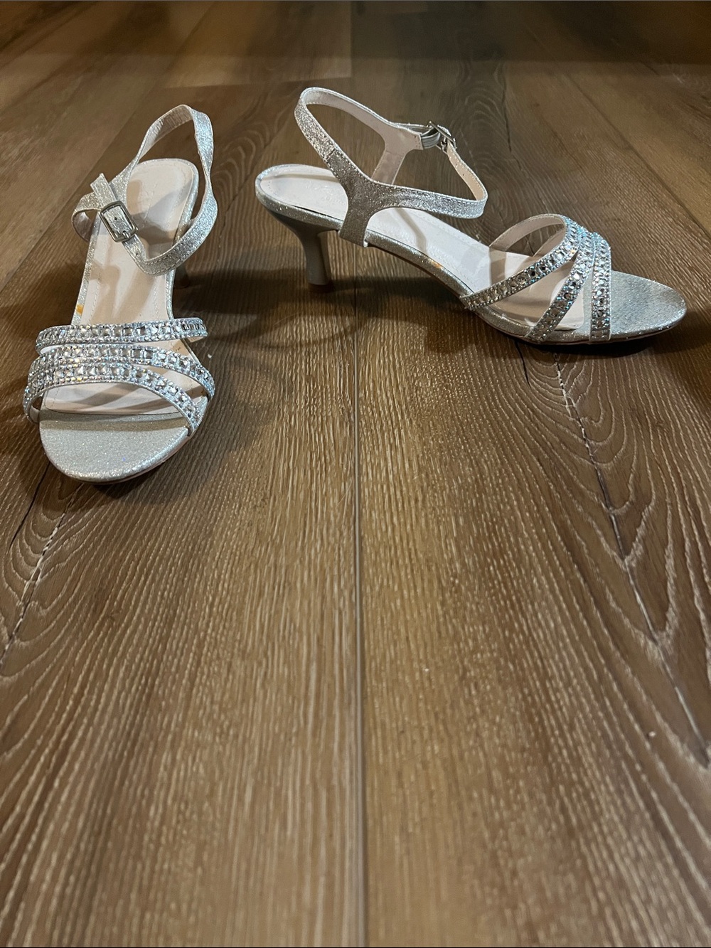 David's Bridal Silver Rhinestone Strappy Heels